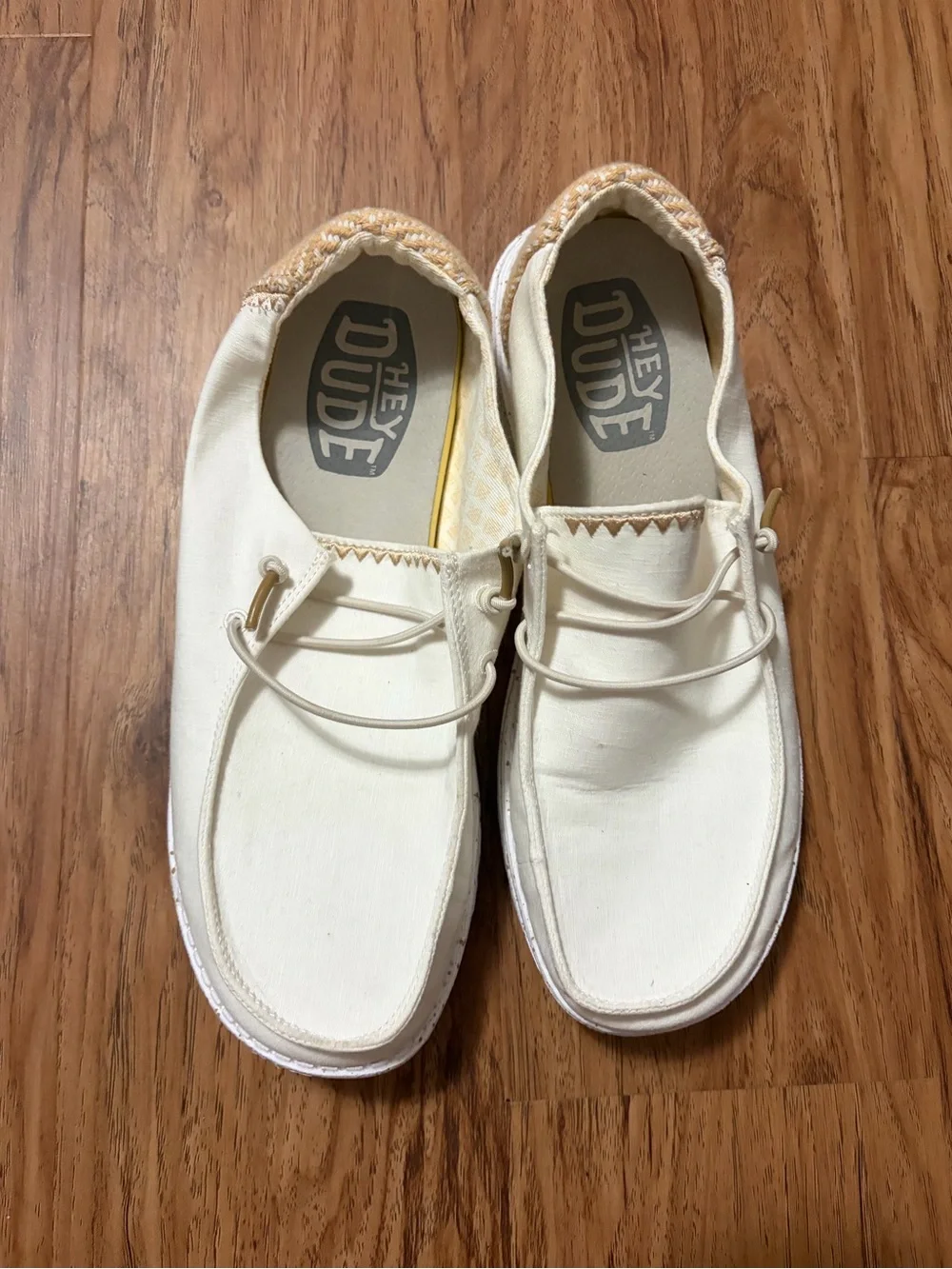 Hey Dude Canvas Slip-On Loafers in Cream and Tan Accent